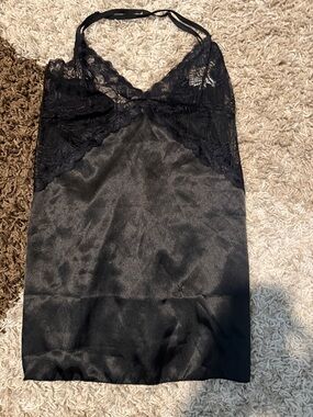 Satin Lace-Trim Slip Chemise in Black